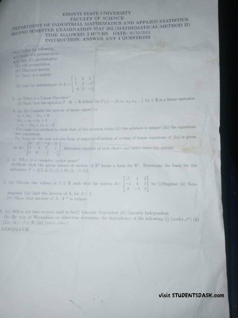 MAT 202 Past Questions and Answers