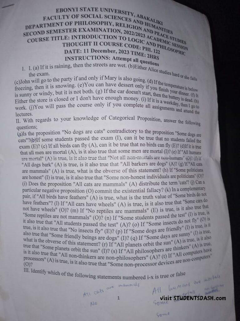 PHL 122 Past Questions and Answers