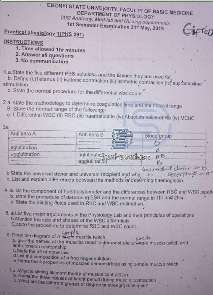 PHS 291 Past Questions and Answers