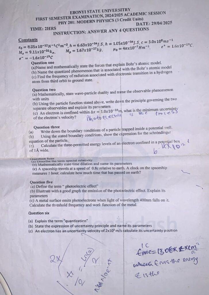 PHY 201 Past Questions and Answers
