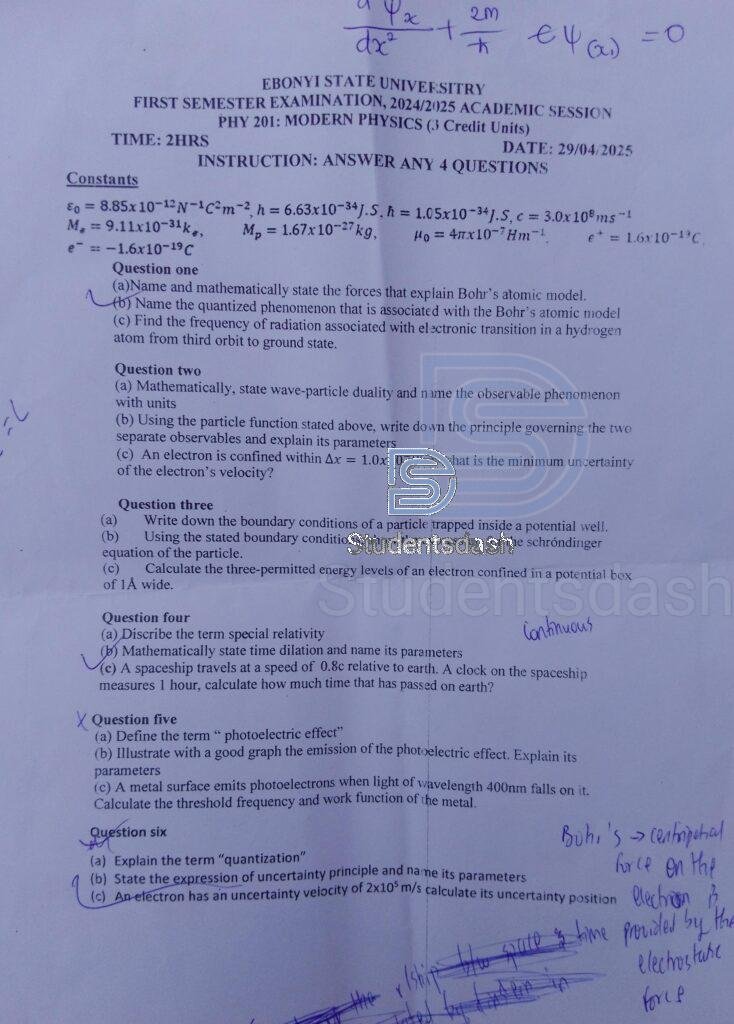 PHY 201 Past Questions and Answers 2025