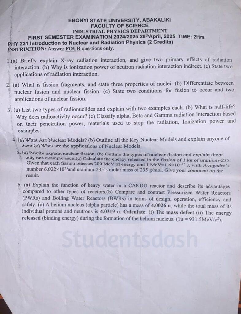 PHY 231 Past Questions and Answers