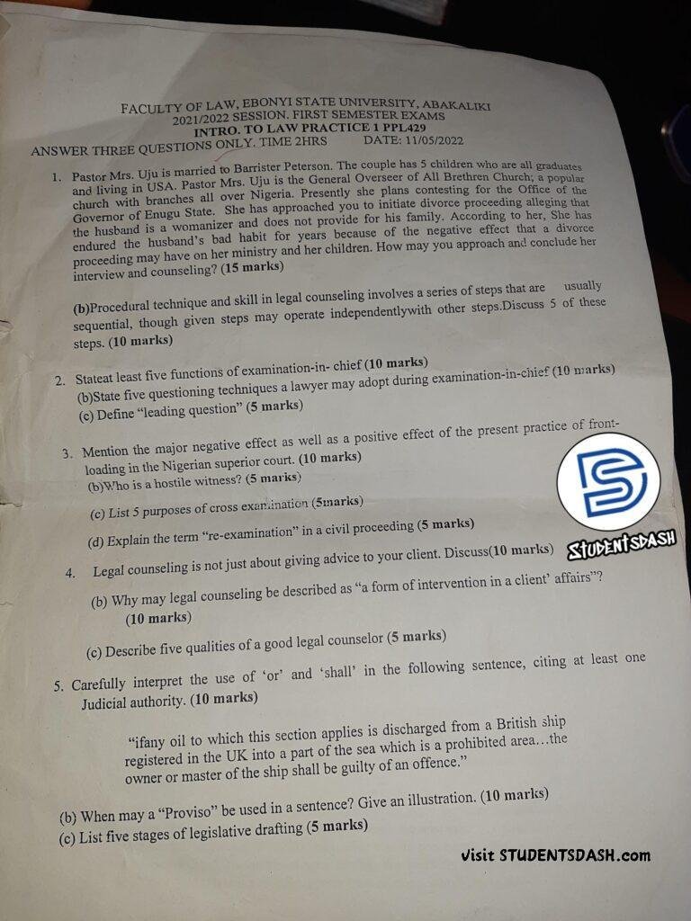 PPL 429 Past Questions and Answers 2022
