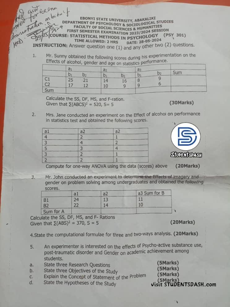 PSY 301 Past Questions and Answers