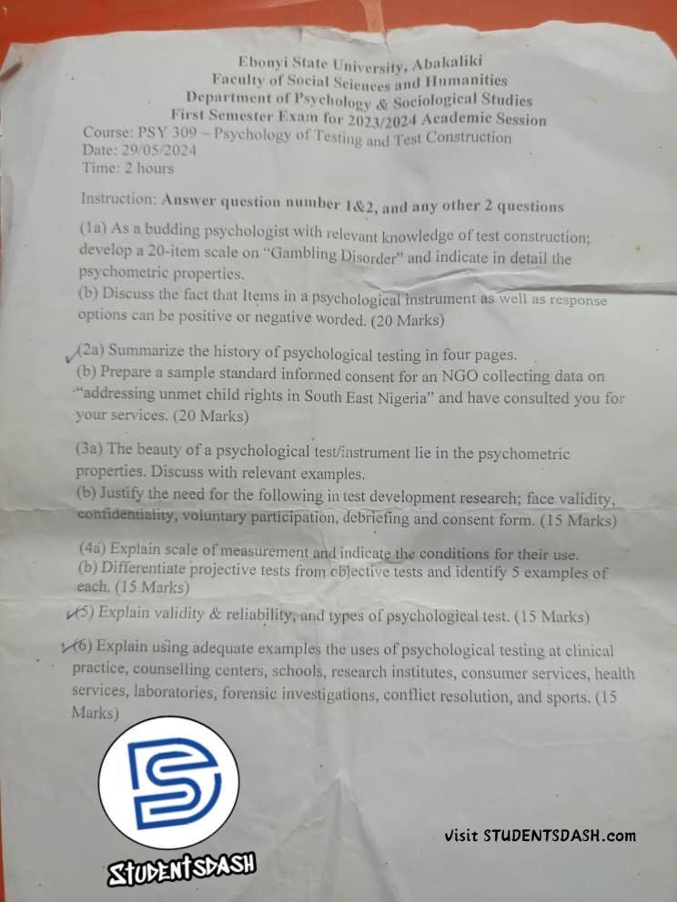 PSY 309 Past Questions and Answers