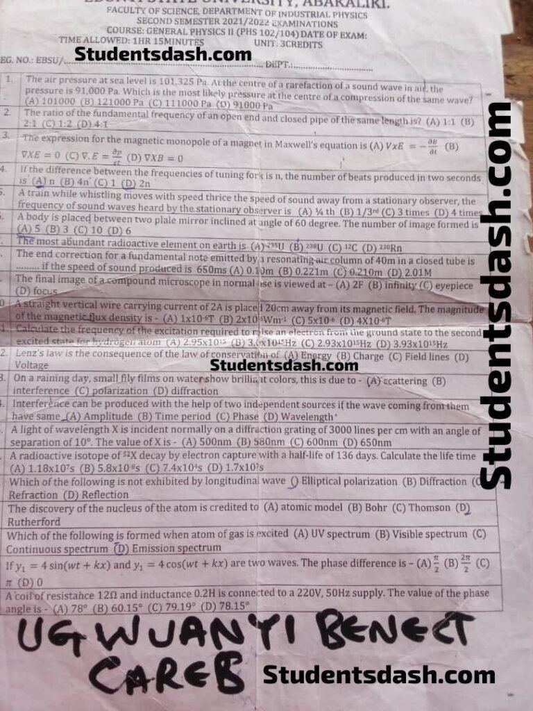 Phy 102 Past Questions and Answers