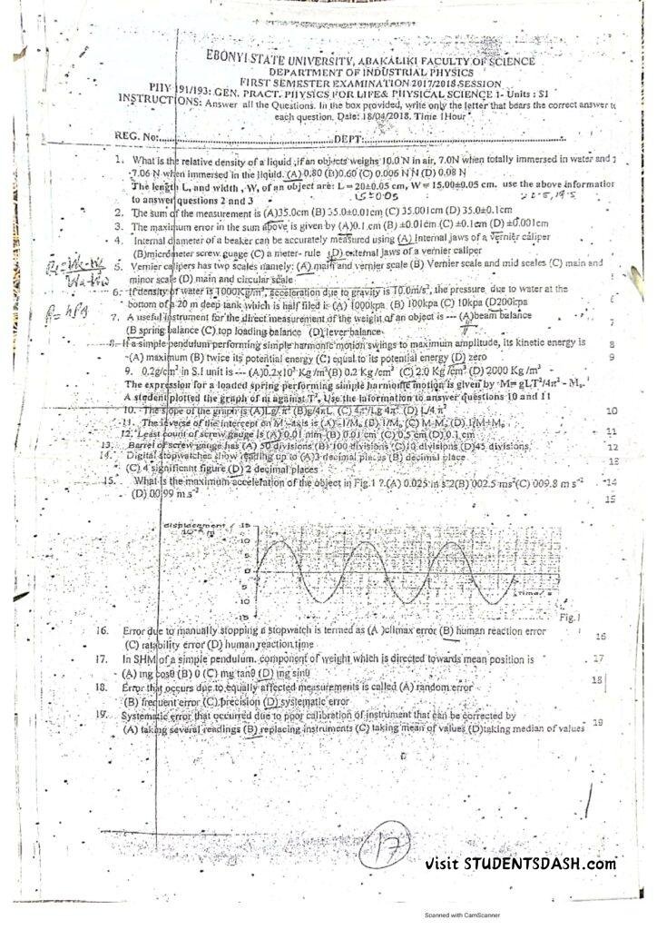 Phy 107 ( PHY 191) Past Questions and Answers