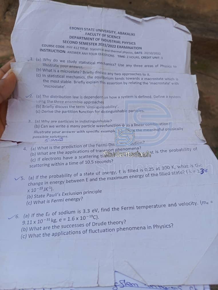 Phy 412 Past Questions and Answers 2022