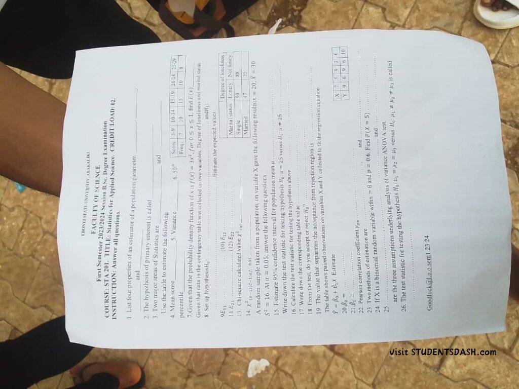 STA 201 Past Questions and Answers