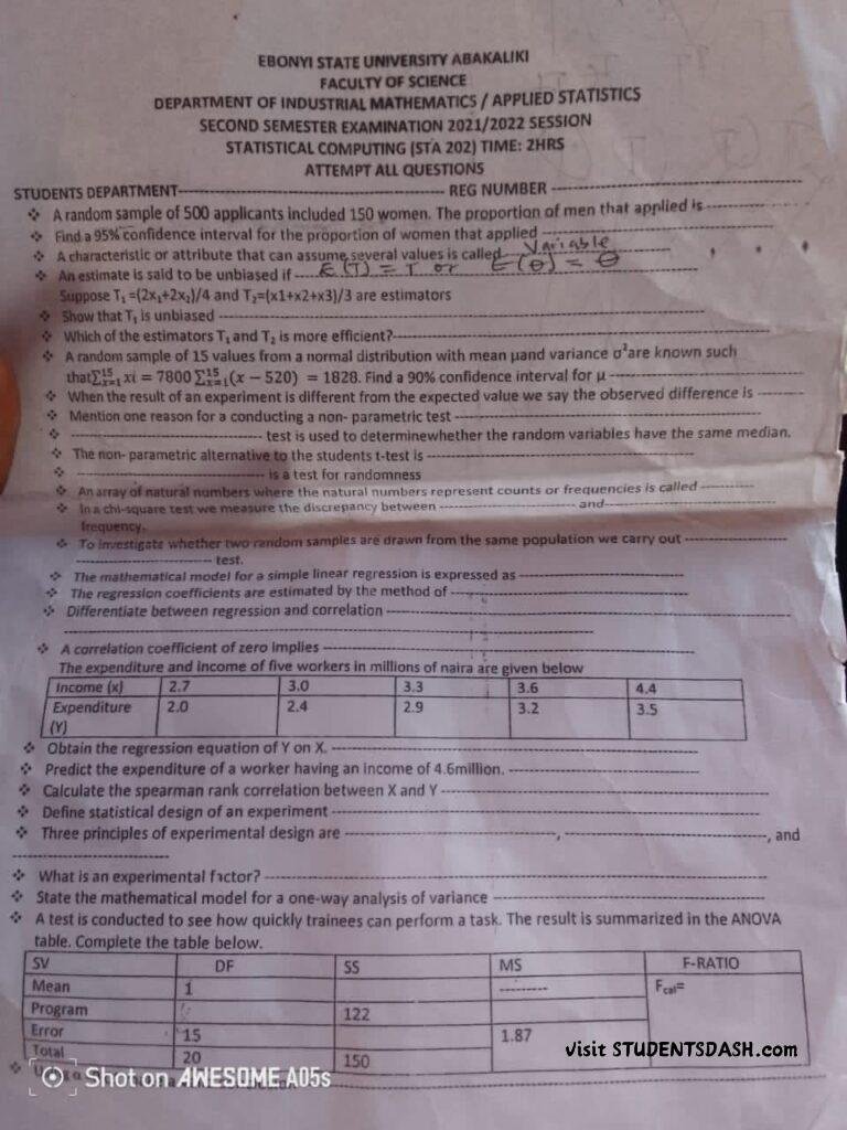 STA 202 Past Questions and Answers