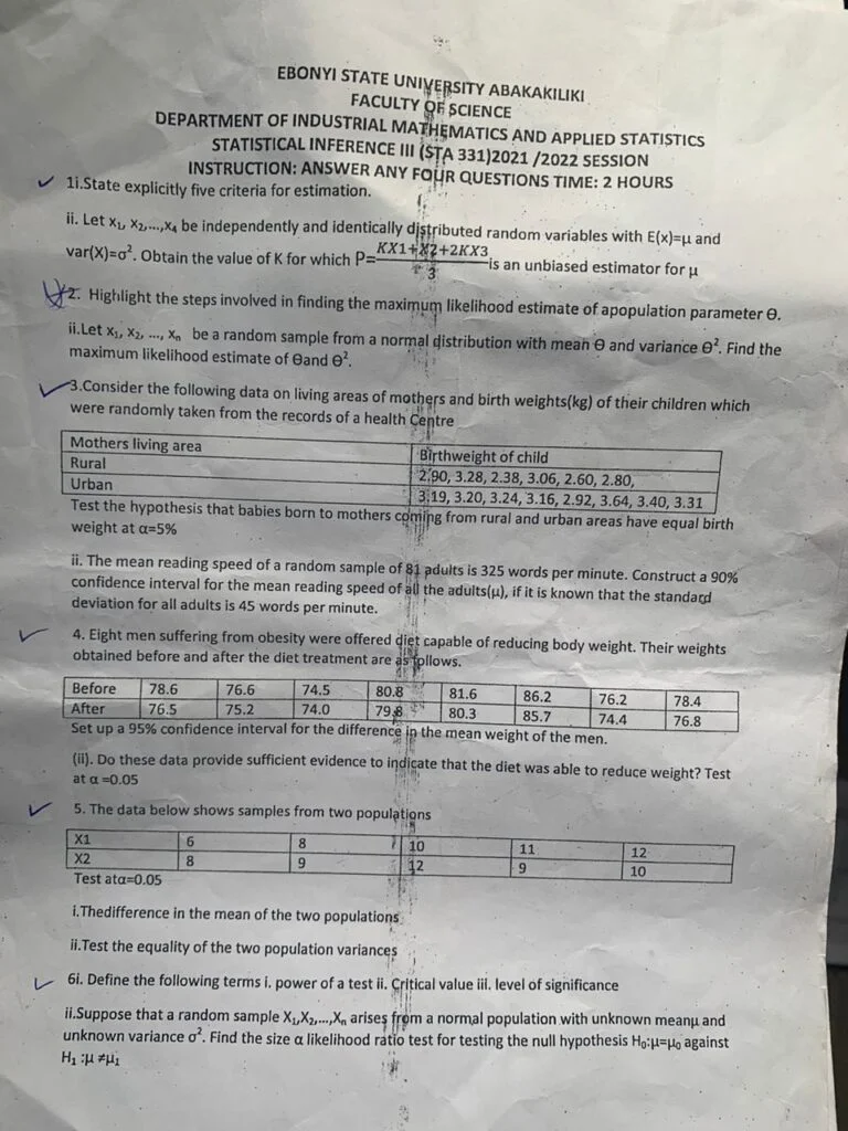STA 331 Past Question and Answers