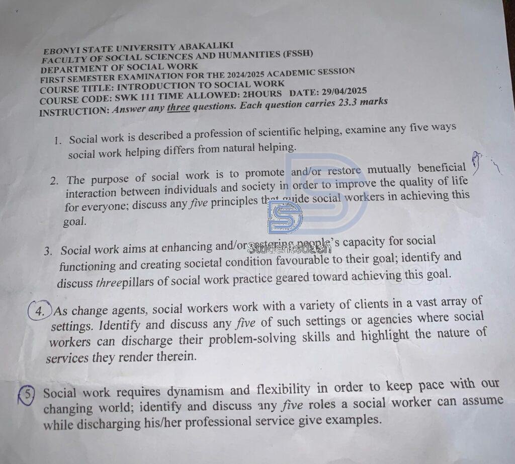 SWK 111 Past Questions and Answers